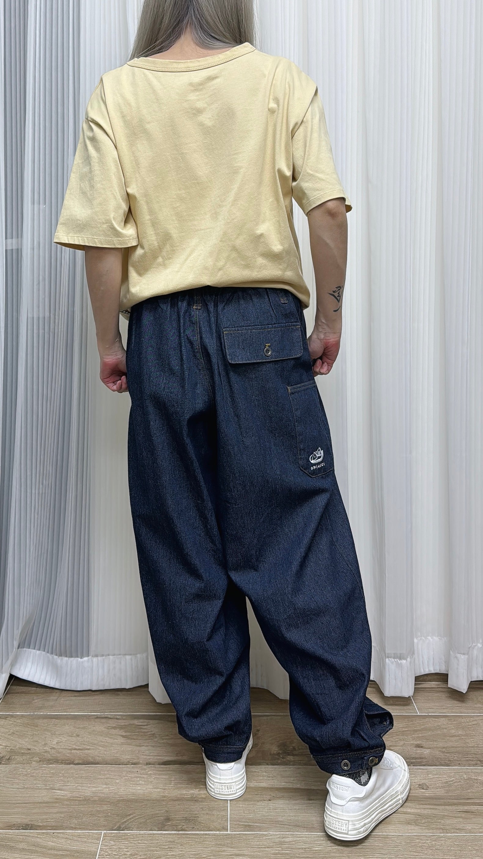 K735 飯糰刺繡燈籠牛仔褲 深藍 買物課 KAIMONOKA 日本 代購 連線 香港 A/W ALL PRODUCTS CLOTHING ON LIVE PANTS TROUSERS TROUSES 服裝 服飾 褲 長褲