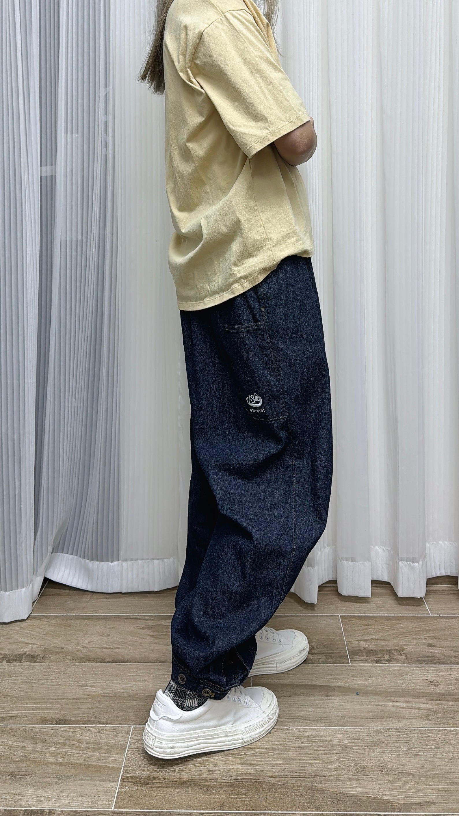 K735 飯糰刺繡燈籠牛仔褲 深藍 買物課 KAIMONOKA 日本 代購 連線 香港 A/W ALL PRODUCTS CLOTHING ON LIVE PANTS TROUSERS TROUSES 服裝 服飾 褲 長褲