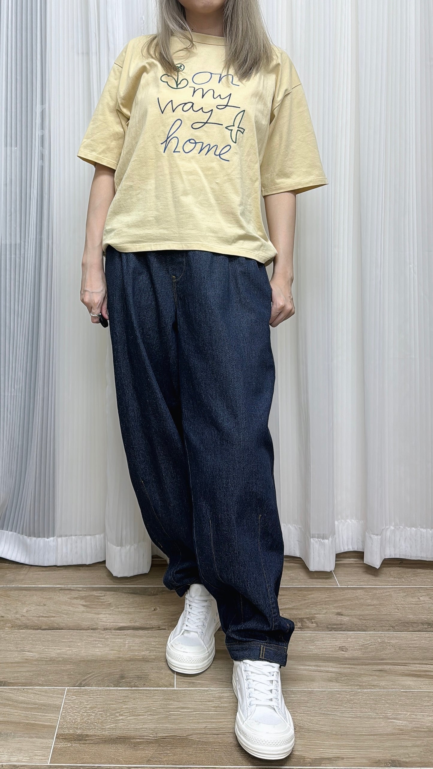 K735 飯糰刺繡燈籠牛仔褲 深藍 買物課 KAIMONOKA 日本 代購 連線 香港 A/W ALL PRODUCTS CLOTHING ON LIVE PANTS TROUSERS TROUSES 服裝 服飾 褲 長褲