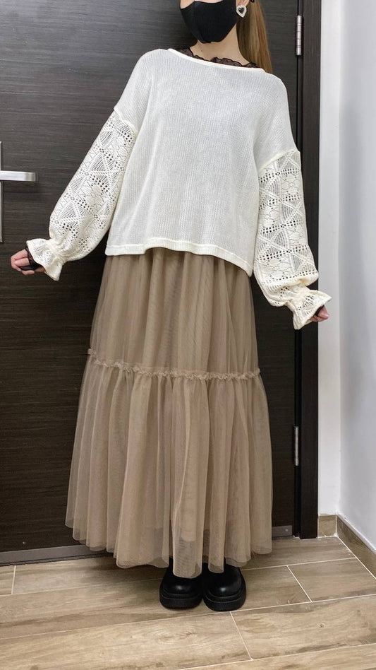 K488 奶茶啡雙層動人紗裙 買物課 KAIMONOKA 日本 代購 連線 香港 A/W ALL PRODUCTS CLOTHING ON LIVE SKIRT SKIRTS 半截 半截裙 半身 半身裙 服裝 服飾 裙