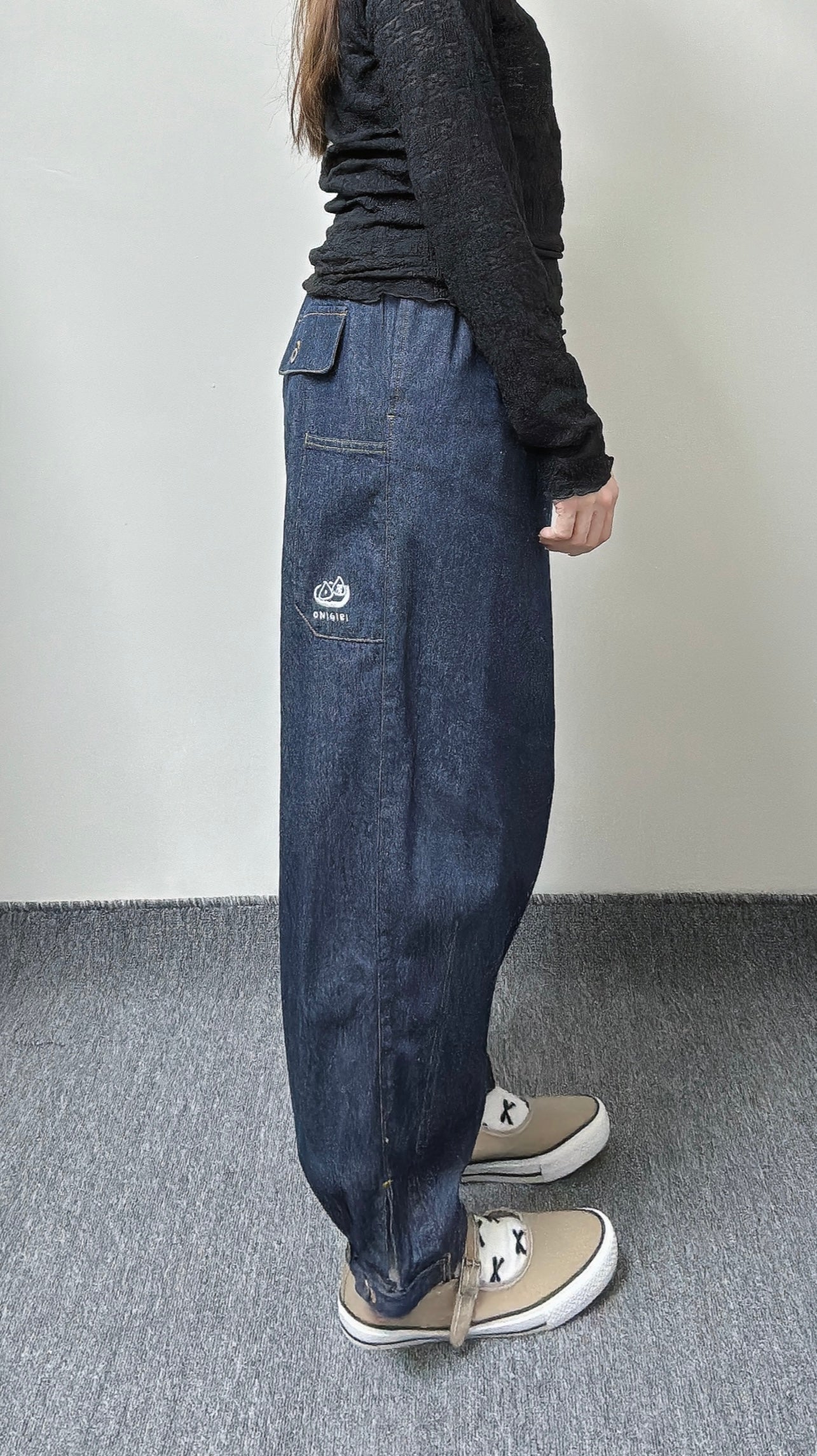 K735 飯糰刺繡燈籠牛仔褲 深藍 買物課 KAIMONOKA 日本 代購 連線 香港 A/W ALL PRODUCTS CLOTHING ON LIVE PANTS TROUSERS TROUSES 服裝 服飾 褲 長褲