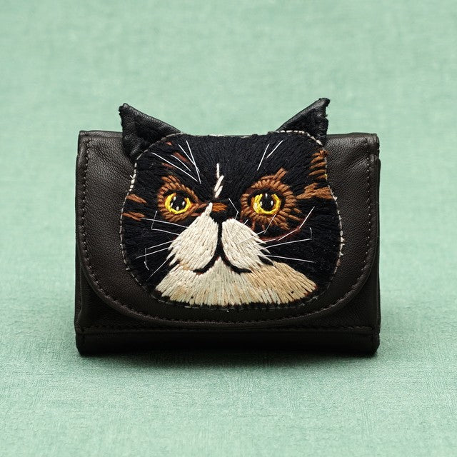 TAMAO WORLD Sheep Leather Embroidery Cat Mini Wallet Black Cat Dark Brown Dark Brown 約 W10.7×H8×D3.5cm 買物課 KAIMONOKA 日本 代購 連線 香港 ACCESSORIES CAT CATS LIMITED EDITION MUSHROOM TAMAO WALLETS WORLD 喵 貓 財布 銀包 錢包