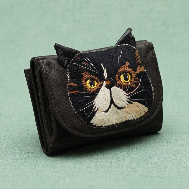 TAMAO WORLD Sheep Leather Embroidery Cat Mini Wallet Black Cat Dark Brown 買物課 KAIMONOKA 日本 代購 連線 香港 ACCESSORIES CAT CATS LIMITED EDITION MUSHROOM TAMAO WALLETS WORLD 喵 貓 財布 銀包 錢包