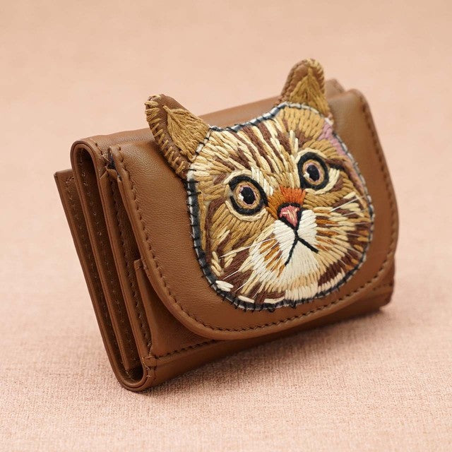 TAMAO WORLD Sheep Leather Embroidery Cat Mini Wallet Brown Cat Camel 買物課 KAIMONOKA 日本 代購 連線 香港 ACCESSORIES CAT CATS LIMITED EDITION MUSHROOM TAMAO WALLETS WORLD 喵 貓 財布 銀包 錢包