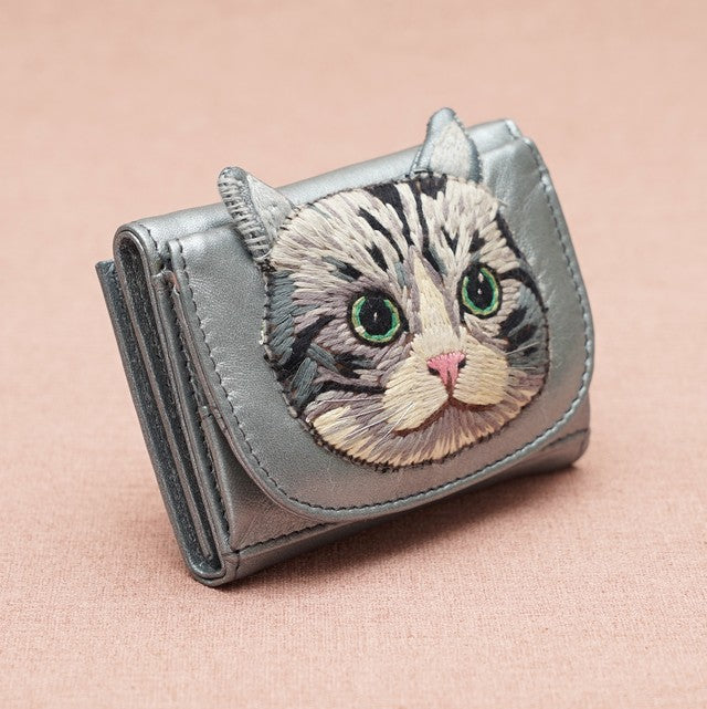 TAMAO WORLD Sheep Leather Embroidery Cat Mini Wallet Silver Cat Silver 買物課 KAIMONOKA 日本 代購 連線 香港 ACCESSORIES CAT CATS LIMITED EDITION MUSHROOM TAMAO WALLETS WORLD 喵 貓 財布 銀包 錢包